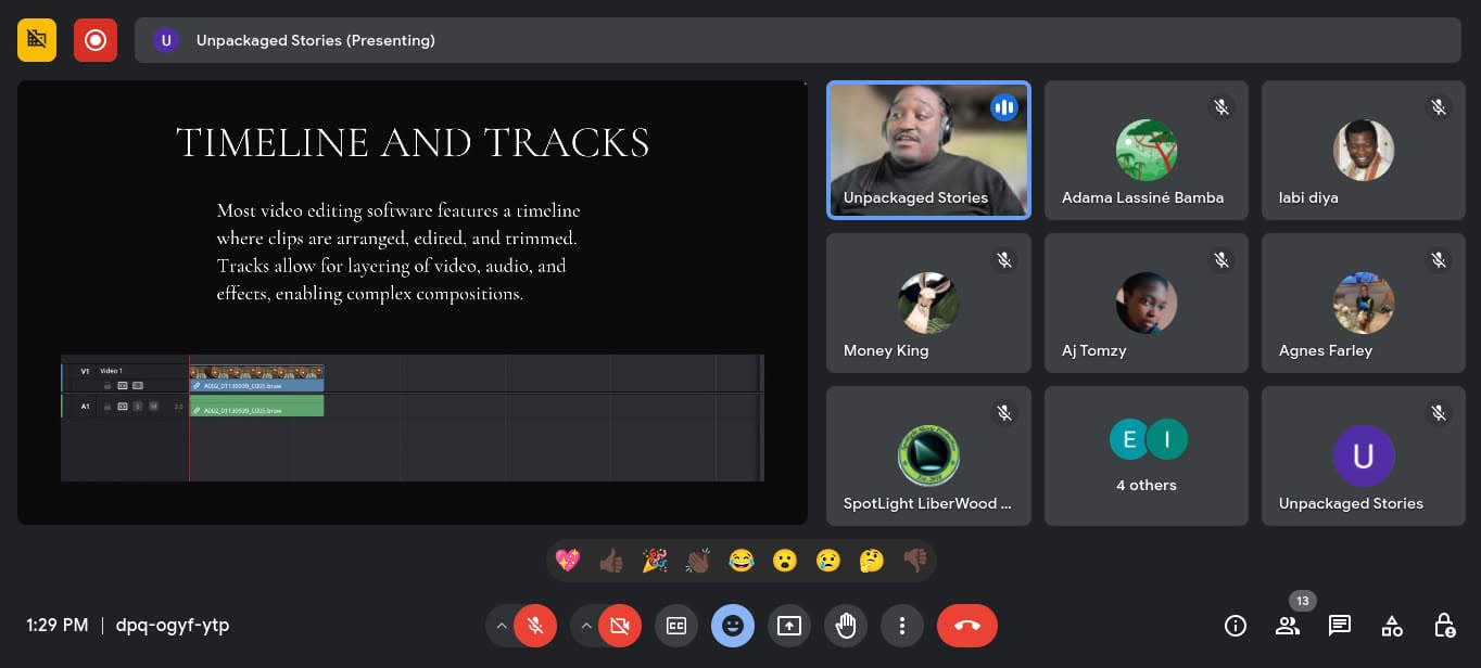 Live online class teaching timelines and tracks with students on camera