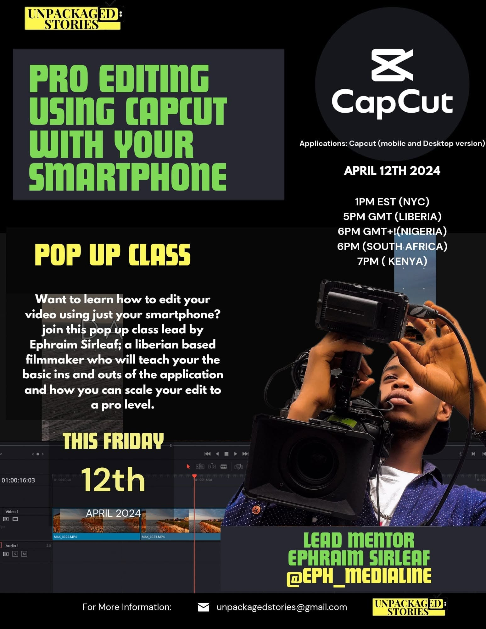 Flyer for a pop up class on pro editing using CapCut with your smartphone