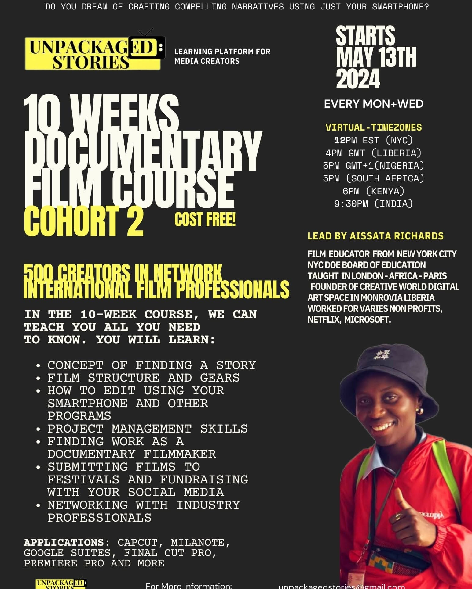 Flyer for the 10 Weeks Documentary Film Course Cohort 2 with mentor Aissata Richards