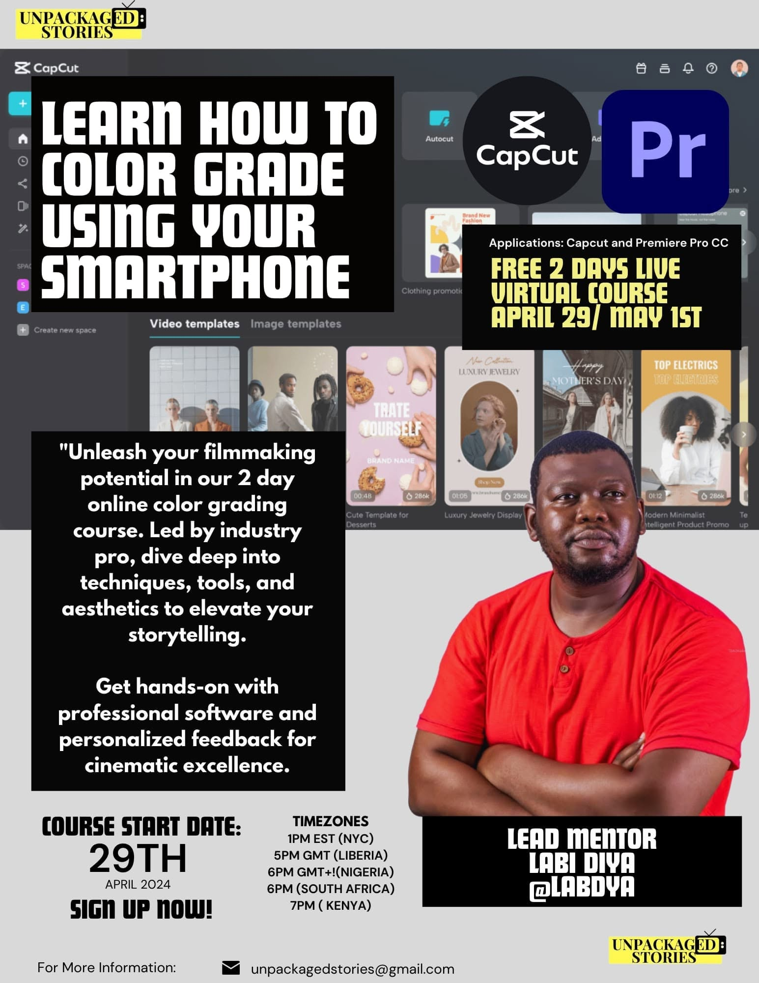 Flyer for a two day colour grading course with Labi Diya