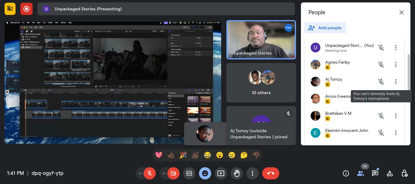 Instructor screen-sharing an edit timeline to a room of online students