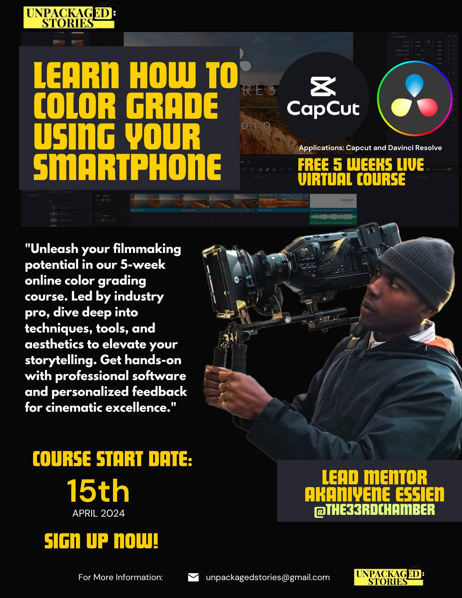 Flyer for a free 5 week live virtual smartphone colour grading course with Akaniyene Essien