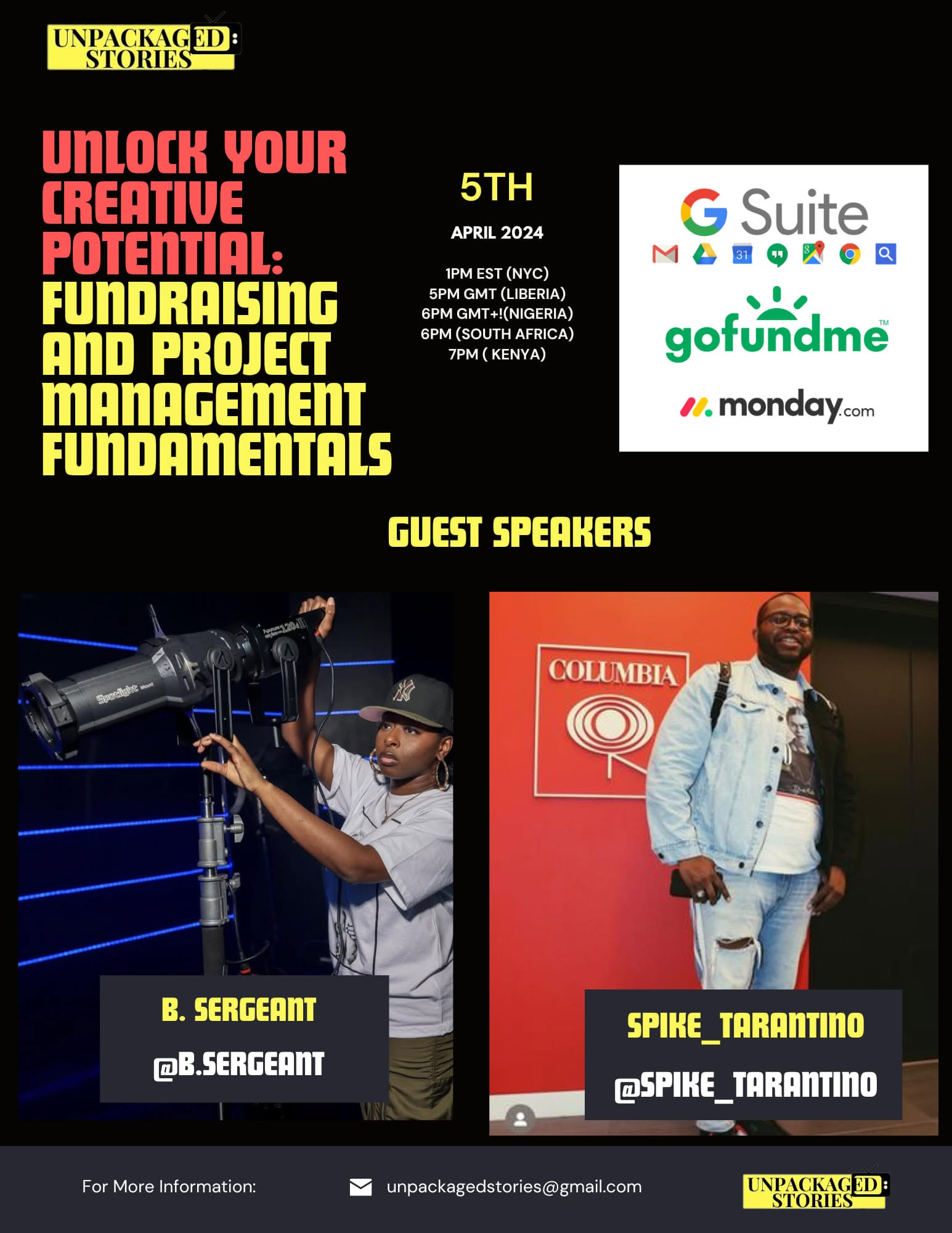 Flyer for Unlock Your Creative Potential fundraising class with guest speakers