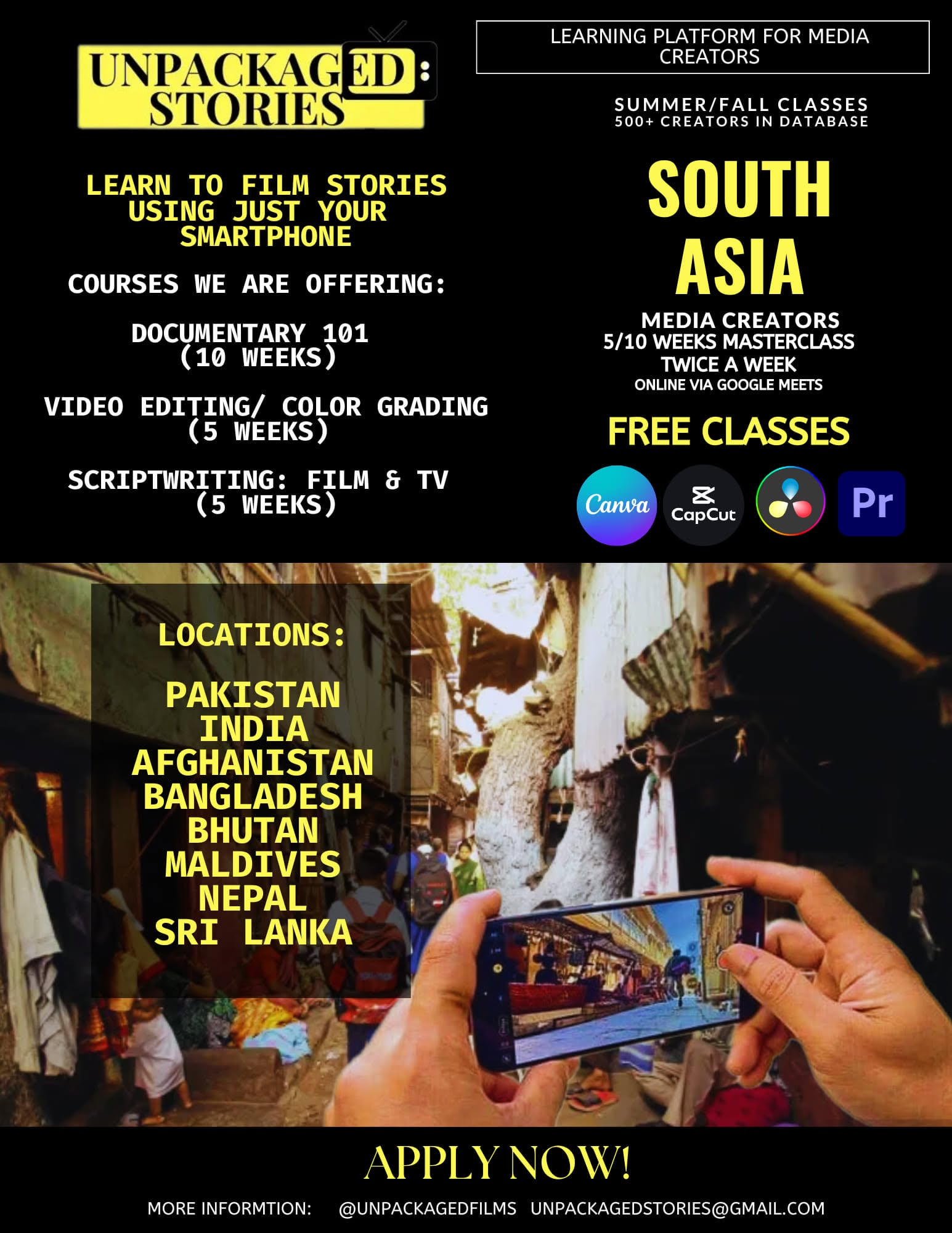 Flyer for free Unpackaged Stories summer and fall classes across South Asia