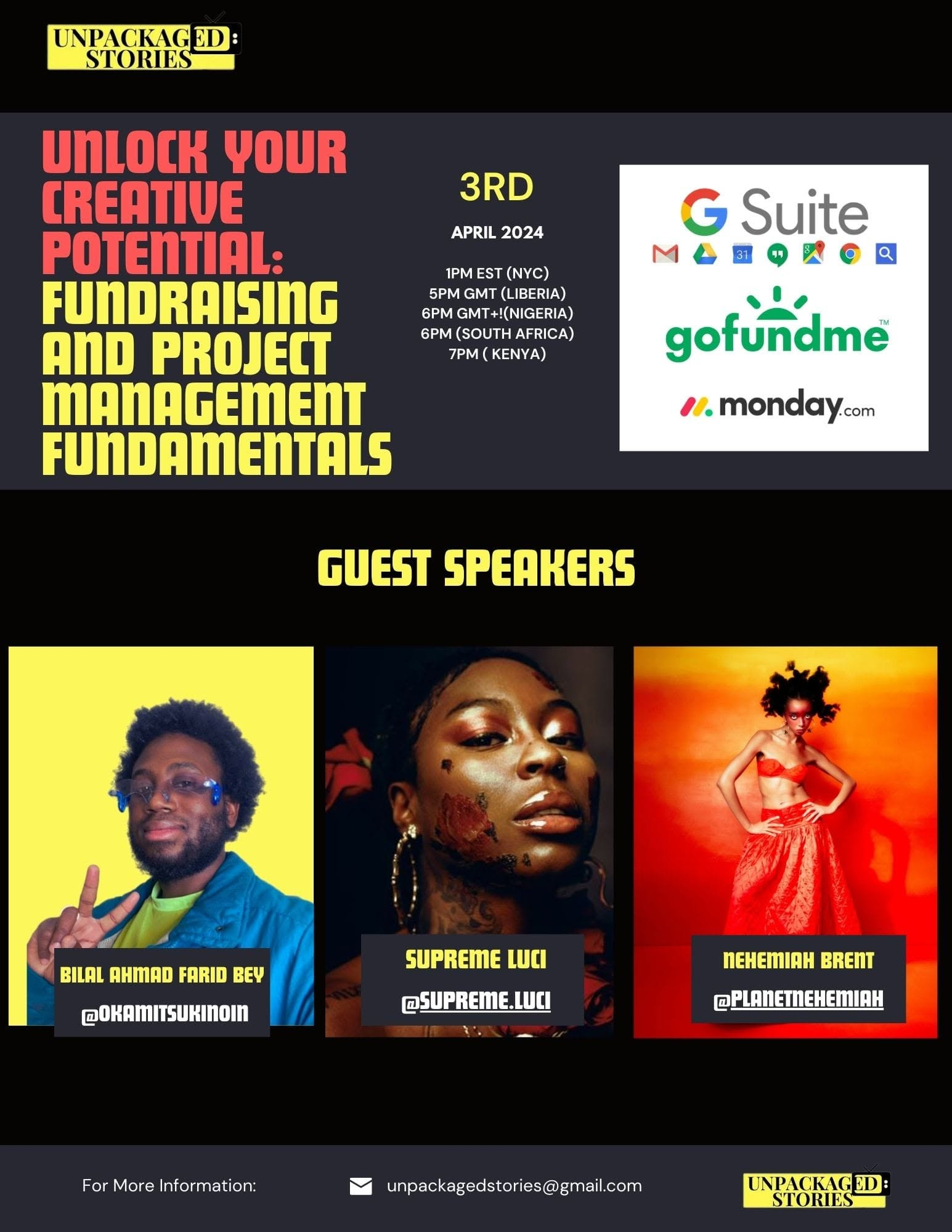 Flyer listing guest speakers Bilal, Supreme Luci and Nehemiah Brent